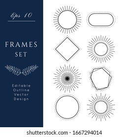 Geometric frames set.Editable line vector.Abstract black isolated elements on white background.Templates collection 
for logo or branding.Overlay for wedding invitation, business identity, menu,card.