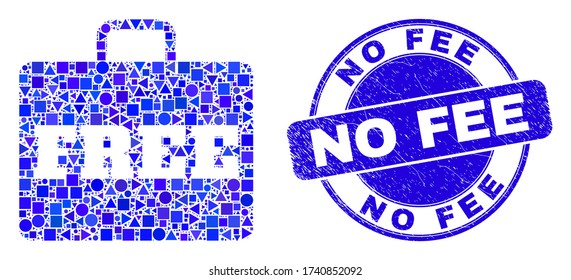 Geometric free case mosaic pictogram and No Fee seal. Blue vector round textured stamp with No Fee phrase. Abstract mosaic of free case organized of round, tringle, square geometric spots.