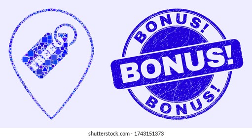 Geometric free tag marker mosaic pictogram and Bonus! seal stamp. Blue vector round scratched stamp with Bonus! phrase. Abstract mosaic of free tag marker constructed of circle, tringle,