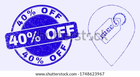 Geometric free tag marker mosaic icon and 40% Off seal stamp. Blue vector round grunge seal stamp with 40% Off phrase. Abstract mosaic of free tag marker organized of spheric, tringle,
