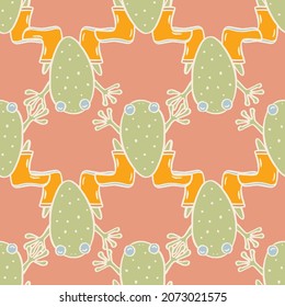 Geometric frog pattern with rain boots. Green, yellow and pink surface design background. Cute amphibians vector illustration. Surface pattern design for kids.