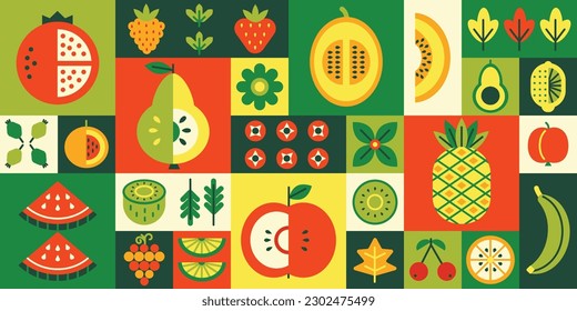 Geometric fruit mosaic. Healthy diet, fresh juicy fruits and berries. Natural grocery food products grid tiles vector background illustration. Organic pear, kiwi, grapes and watermelon