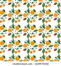 Geometric fruits seamless pattern. Funny garden fruit on white background. Cherry berries, apples, strawberry and leaves hand drawn wallpaper. Vector illustration.