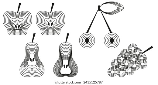 Geometric fruits silhouette. Simple black line art fruit. Set Trendy Geometrical aplles, pears and grape isolated white background. Vector illustration with editable stroke. EPS 10
