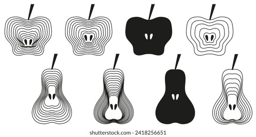 Geometric fruits silhouette. Simple black line art fruit. Set Trendy Geometrical apples and pears white background. Vector illustration with editable stroke. EPS 10