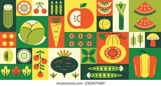 Geometric fruits and vegetables mosaic. Grocery goods, agriculture products grid and healthy food promotion vector background illustration. Organic colorful pepper, watermelon, carrot