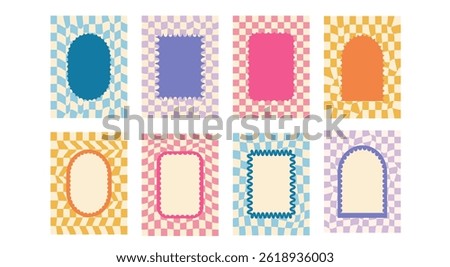 Geometric funky scallop text boxes frames set. Wavy groovy arch, rectangle borders isolated on checkered background. Wobbly y2k decorative callouts. Vector retro blank illustration.