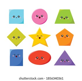 Geometric funny shapes cute kids colorful vector. Square, circle, ellipse, triangle, pentagon, rectangle, star, trapezoid cartoon characters shapes for child education, kindergarten, preschool 