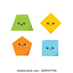 Geometric funny shapes cute kids colorful vector. Square, circle, ellipse, triangle, pentagon, rectangle, star, trapezoid cartoon characters shapes for child education, kindergarten, preschool 