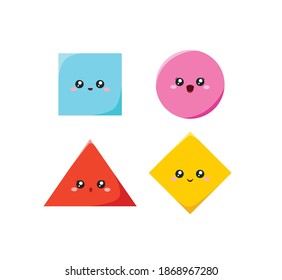 Geometric funny shapes cute kids colorful vector. Square, circle, ellipse, triangle, pentagon, rectangle, star, trapezoid cartoon characters shapes for child education, kindergarten, preschool 