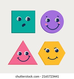 Geometric Funny Shapes Cute Kids Colorful Vector. Square, Circle,  Triangle, Trapezoid Cartoon Characters Shapes For Child Education, Kindergarten, Preschool. Hand Drawn Colored Trendy Vector 