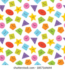 Geometric funny shapes cute seamless pattern colorful vector. Square, circle, ellipse, triangle, pentagon, rectangle, star, trapezoid cartoon characters shapes for kids fabric and child textile 