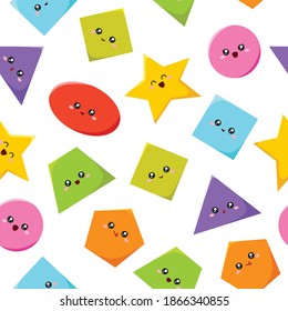 Geometric funny shapes cute seamless pattern colorful vector. Square, circle, ellipse, triangle, pentagon, rectangle, star, trapezoid cartoon characters shapes for kids fabric and child textile 