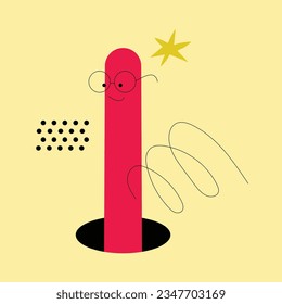 Geometric Funny Worm Character Looking Through and Out of Hole Vector Illustration. Cute Crawling Insect as Search and Explore Concept