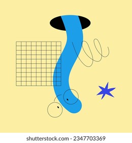 Geometric Funny Worm Character Looking Through and Out of Hole Vector Illustration. Cute Crawling Insect as Search and Explore Concept