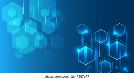 Conceito futurista geométrico. Fundo tecnológico abstrato consistindo de hexágonos e listras brilhantes em um fundo azul. Adequado para apresentações e banners de alta tecnologia.