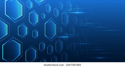 Conceito futurista geométrico. Fundo tecnológico abstrato consistindo de hexágonos e listras brilhantes em um fundo azul. Adequado para apresentações e banners de alta tecnologia.