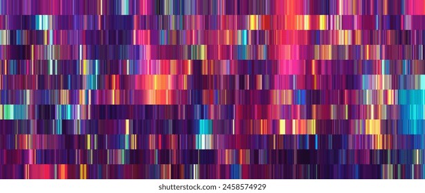 Geometric futuristic digital pattern with flat neon colored lines. Many thin colorful stripes in the form of linear gradients. Stripe linear effect background for banner or poster. Vector illustration