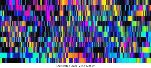 Geometric futuristic digital pattern with flat neon colored lines. Many thin colorful stripes in the form of linear gradients. Stripe linear effect background for banner or poster. Vector illustration