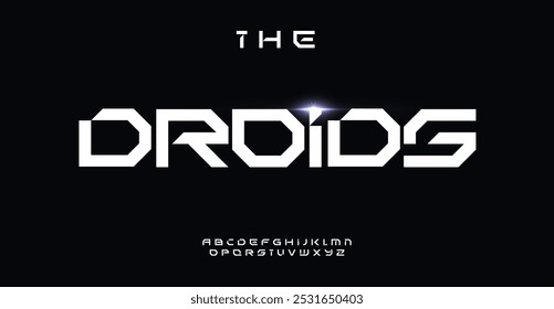 Geometric futuristic font, bold angular letters, tech robotic inspired design for gaming logos, sci-fi branding, innovative typography. Vector typeset