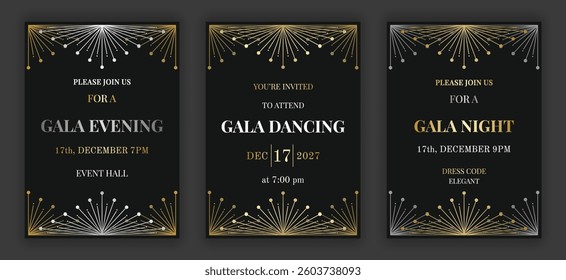 Geometric gala evening, dancing, night, invitation template set. Art deco style retro ornate black, gold and silver coloured background. EPS 10 vector illustration.