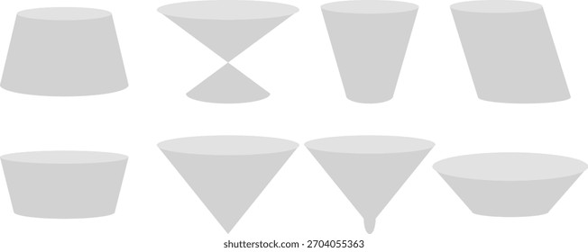 Geometric gallery shape podiums set. Blank stands in round, square and hexagon forms. Column 3d platforms for product presentation, awards-vector