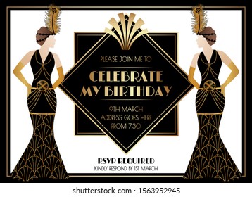 Geometric Gatsby Art Deco Style Birthday Invitation Design With Woman