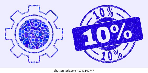Geometric gear mosaic icon and 10% seal stamp. Blue vector rounded distress seal stamp with 10% text. Abstract composition of gear organized of round, tringle, square geometric spots.