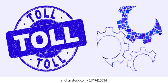 Geometric gears mosaic icon and Toll seal stamp. Blue vector round grunge stamp with Toll title. Abstract mosaic of gears created of spheric, triangles, square geometric items.