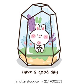 Geometric glass terrariums and plants   rabbit holding flower white background Cute cartoon character design Animal hand drawn Kawaii doodle style Home interior decor Vector Illustration 