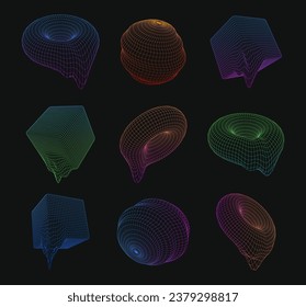 
Geometric glitch 3D shapes. Set of vector mesh shapes made of lines and dots. Abstract elements symbol of technological progress and virtual reality.