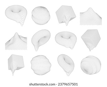 
Geometric glitch 3D shapes. Set of vector mesh shapes made of lines and dots. Abstract elements symbol of technological progress and virtual reality.