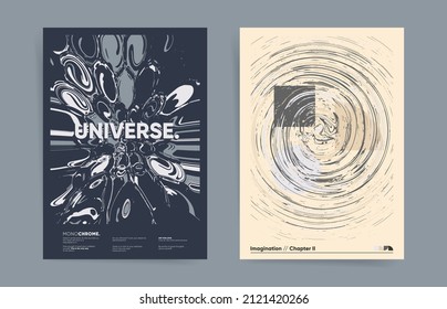 Geometric glitch template design with typography for poster, flyer, brochure, placard, presentation or cover. Black and white rounded and vortex shapes. Vector monochrome background set.