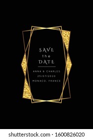 Geometric glitter golden frame.Vector modern Yellow Gold  luxury  card template. Art Deco shining sparkle party pattern.Polygon shape
classy  design background.