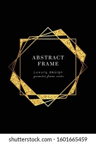 Geometric glitter golden frame.Vector modern Yellow Gold  luxury  card template. Art Deco shining sparkle party pattern.Polygon shape
classy  design background.
