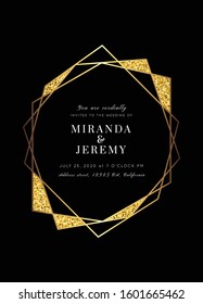 Geometric glitter golden frame.Vector modern Yellow Gold  luxury  card template. Art Deco shining sparkle party pattern.Polygon shape
classy  design background.