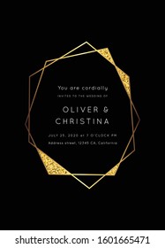 Geometric glitter golden frame.Vector modern Yellow Gold  luxury  card template. Art Deco shining sparkle party pattern.Polygon shape
classy  design background.