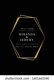 Geometric glitter golden frame.Vector modern Yellow Gold  luxury  card template. Art Deco shining sparkle party pattern.Polygon shape
classy  design background.