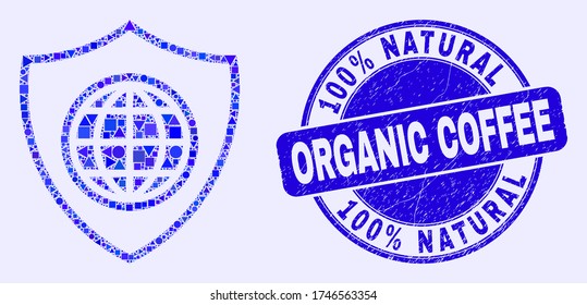 Geometric global shield mosaic pictogram and 100% Natural Organic Coffee watermark. Blue vector round grunge watermark with 100% Natural Organic Coffee text.
