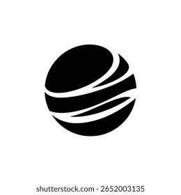 Das geometrische Globus-Logo weist gekrümmte Linien um eine Kugelform auf. Die Vektorgrafik zeigt ein einfaches schwarz-weißes Design auf transparentem Hintergrund.