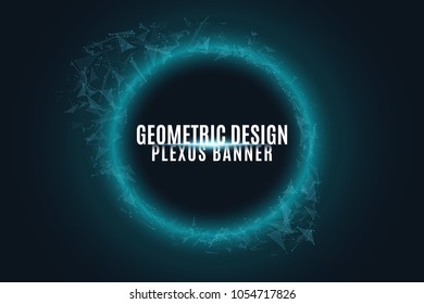 Geometric glowing banner of flying geometric particles on a black background. United triangular figures and atoms. Scientific background for your design. Vector illustration. EPS 10