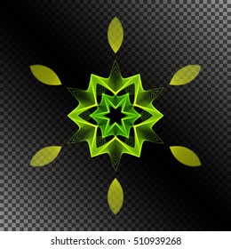 Geometric Glowing Hexagonal Symbol on Transparent Background. Circular Patterned Ornament. 