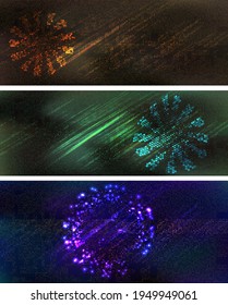 Geometric glowing neon halftone banner vector background set