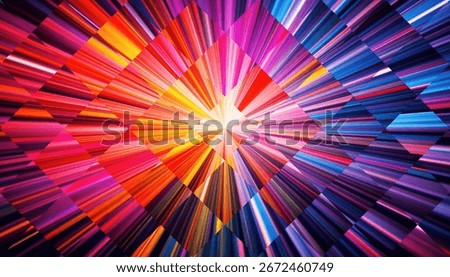 Geometric glowing prism radiating spectrum lines. Colorful dynamic light refracts through structured glass. Colored clean sharp beams extend from the middle in symmetric pattern for creative projects