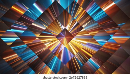 Geometric glowing prism refracts intense light rays. Dynamic light refracts through structured fractal glass. Colored clean sharp beams extend from the middle in symmetric pattern for creative project