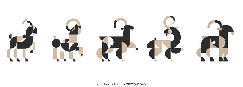 Geometric goat flat icon vector set. Modern minimalist illustration collection of capricorn, ibex, and ram animals in mosaic style. Isolated colorful abstract fauna on white background.