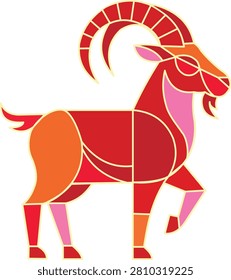 Geometric goat vector design, abstract red and orange capricorn or ibex zodiac icon isolated on white. Stylized wild ram illustration, geometric animal art print for horoscope, astrology and calendars. Year of the goat chinese zodiac sign, modern flat vector design of a horned mountain goat character