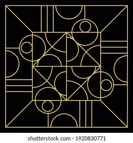 A geometric gold Art Deco pattern is featured in an abstract background illustration.