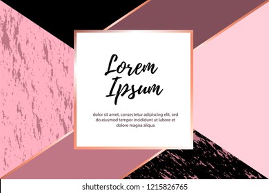 Geometric gold background with copy space Vector illustration Mosaic of pink, white, black elements and textures with frame for text Template for banners, posters and cards