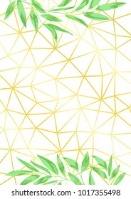 Geometric gold background with herb, bushes branches with leaves in watercolor style. Greenery botanical A4 pattern for invite, greeting, birthday card and covers.